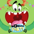 Monster Party Banner Template with Big Face Funny Monster. Happy Birthday Greeting or Invitation Design Template for Anniversary i