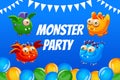 Monster Party Banner Template with Cute Funny Monsters Characters, Happy Birthday Poster, Flyer, Invitation Card Vector Royalty Free Stock Photo