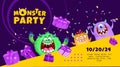 Monster Party Banner Template with Funny Monsters. Happy Birthday Greeting or Invitation Design Template