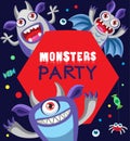 Monster Party Card Design. Cartoon Vector Illustration. Funny Monster Card. Royalty Free Stock Photo