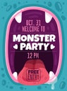 Monster party. Color invitation children flyer for halloween evening, jaws bizarre creatures mouths with teeth and