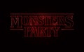 Monster Party text design, Halloween word theme Red glow text on black background. 80`s style, eighties design.