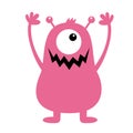 Monster pink silhouette. Cute cartoon kawaii scary funny character. Baby collection. One eye, fang tooth, hands, horns, hair.