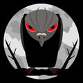 Raven with scary bloody eyes and sharp claws on night background and of a large pale moon. Dark silhouette with evil look. 