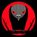Black raven with scary bloody eyes and sharp claws on night background and of a large red moon. Dark silhouette with evil look.
