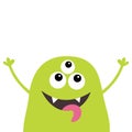 Monster scary screaming face head icon. Eyes, fang tooth, tongue, hands up. Cute cartoon boo spooky character. Green silhouette. K Royalty Free Stock Photo
