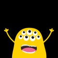 Monster scary screaming face head icon. Eyes, fang tooth, tongue, hands up. Cute cartoon boo spooky character. Yellow silhouette.