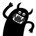Monster screaming spooky silhouette. Scandinavian style. Happy Halloween. Eyes, teeth fang, hands up. Black Funny Cute cartoon