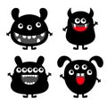 Monster set. Happy Halloween. Black smiling monsters. Cartoon kawaii funny boo character. Cute face head. Childish baby collection