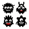 Monster set. Happy Halloween. Cute face head. Four black silhouette monsters with different emotions. Cartoon kawaii funny boo Royalty Free Stock Photo