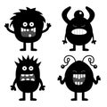 Monster set. Happy Halloween. Cute head face. Four black silhouette monsters with different emotions. Cartoon kawaii smiling funny Royalty Free Stock Photo