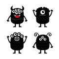 Monster set icon line banner. Happy Halloween. Cute kawaii cartoon baby character. Funny face head body black silhouette. Hands up Royalty Free Stock Photo