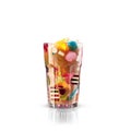 Monster shake, freak caramel shake isolated. Colourful, festive milk shake cocktail with sweets, jelly. Colored caramel