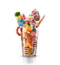 Monster shake, freak caramel shake . Colourful, festive milk shake cocktail with sweets, jelly. Colored caramel