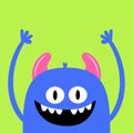 Monster smiling face head icon. Happy Halloween. Eyes, fang tooth, horns, hands up. Cute cartoon boo spooky character. Blue