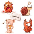 Monster, snail, bear, cat - cartoon characters. Royalty Free Stock Photo