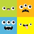 Monster square head icon set. Boo Spooky Screaming smiling sad face emotion. Three eyes, tongue, teeth fang, mouse. Happy Royalty Free Stock Photo