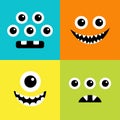 Monster square head icon set. Happy Halloween. Boo Spooky Screaming smiling sad face emotion. Cute character. Eyes, teeth fang, Royalty Free Stock Photo