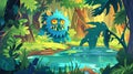 A monster in a swamp in a magic forest. This cartoon illustration shows a jungle landscape with a lake and a fun Royalty Free Stock Photo
