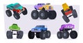 Monster truck. Aggressive style vehicles with big wheels cartoon transport for kids exact vector colored illustrations Royalty Free Stock Photo