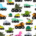 Monster Truck animal pattern seamless. Cartoon car beast on big wheels. Baby fabric ornament. vector background Royalty Free Stock Photo