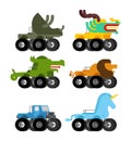 Monster Truck animal set. Cartoon car beast on big wheels. vector illustration Royalty Free Stock Photo