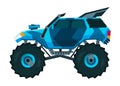 Monster truck. Bright colorful cartoon auto with big wheels. Heavy car with large tires and black tinted windows Royalty Free Stock Photo