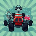 Monster Truck Catoon Illustration With Big Car .Extreme Sport Race. Vector Background.