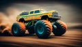 Monster truck covered in mud. Racing event in mud. Large tires on a pickup truck coming out of a hole