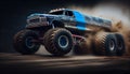 Monster truck covered in mud. Racing event in mud. Large tires on a pickup truck coming out of a hole