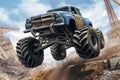 Monster truck defying gravity by leaping over ramps in a thrilling race. AI