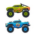 Monster Truck with Four-wheel Steering and Oversized Tires for Competition and Entertainment Vector Set Royalty Free Stock Photo