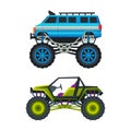 Monster Truck with Four-wheel Steering and Oversized Tires for Competition and Entertainment Vector Set Royalty Free Stock Photo