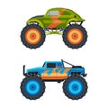 Monster Truck with Four-wheel Steering and Oversized Tires for Competition and Entertainment Vector Set Royalty Free Stock Photo