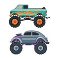 Monster Truck with Four-wheel Steering and Oversized Tires for Competition and Entertainment Vector Set Royalty Free Stock Photo