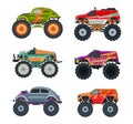 Monster Truck with Four-wheel Steering and Oversized Tires for Competition and Entertainment Vector Set Royalty Free Stock Photo