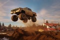 monster truck in mid-air, jumping off a ramp Royalty Free Stock Photo