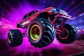 Neon-Lit Monster Truck in Action in Mid-Air Royalty Free Stock Photo