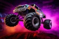 Neon-Lit Monster Truck in Action in Mid-Air Royalty Free Stock Photo