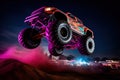 Neon-Lit Monster Truck Mid-Air at Night Show Royalty Free Stock Photo