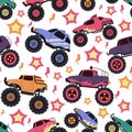 Monster truck pattern. Seamless print of vehicle with monster truck tires and engine, cartoon road vehicle texture for