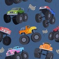 Monster truck pattern. Textile template illustrations with big wheel cars exact vector seamless background