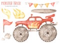 Monster truck red watercolor with fire, SUV, truck, flags, shadow, smoke