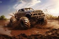 Monster truck roaring through muddy obstacle course. Generative AI