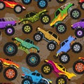 Monster truck show vector cartoon vehicle or car and extreme transport illustration set of heavy monstertruck with large