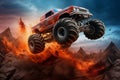 Monster truck soaring through air after high-flying jump. Generative AI