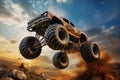 Monster truck soaring through air after high-flying jump. Generative AI
