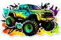 Monster truck sticker with multicolored paint splash. Neural network generated art