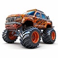 Realistic Orange Monster Truck With Flaming Hood