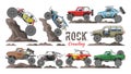 Monster truck vector cartoon rock vehicle crawling in rocks and extreme transport rocky car illustration set of heavy Royalty Free Stock Photo